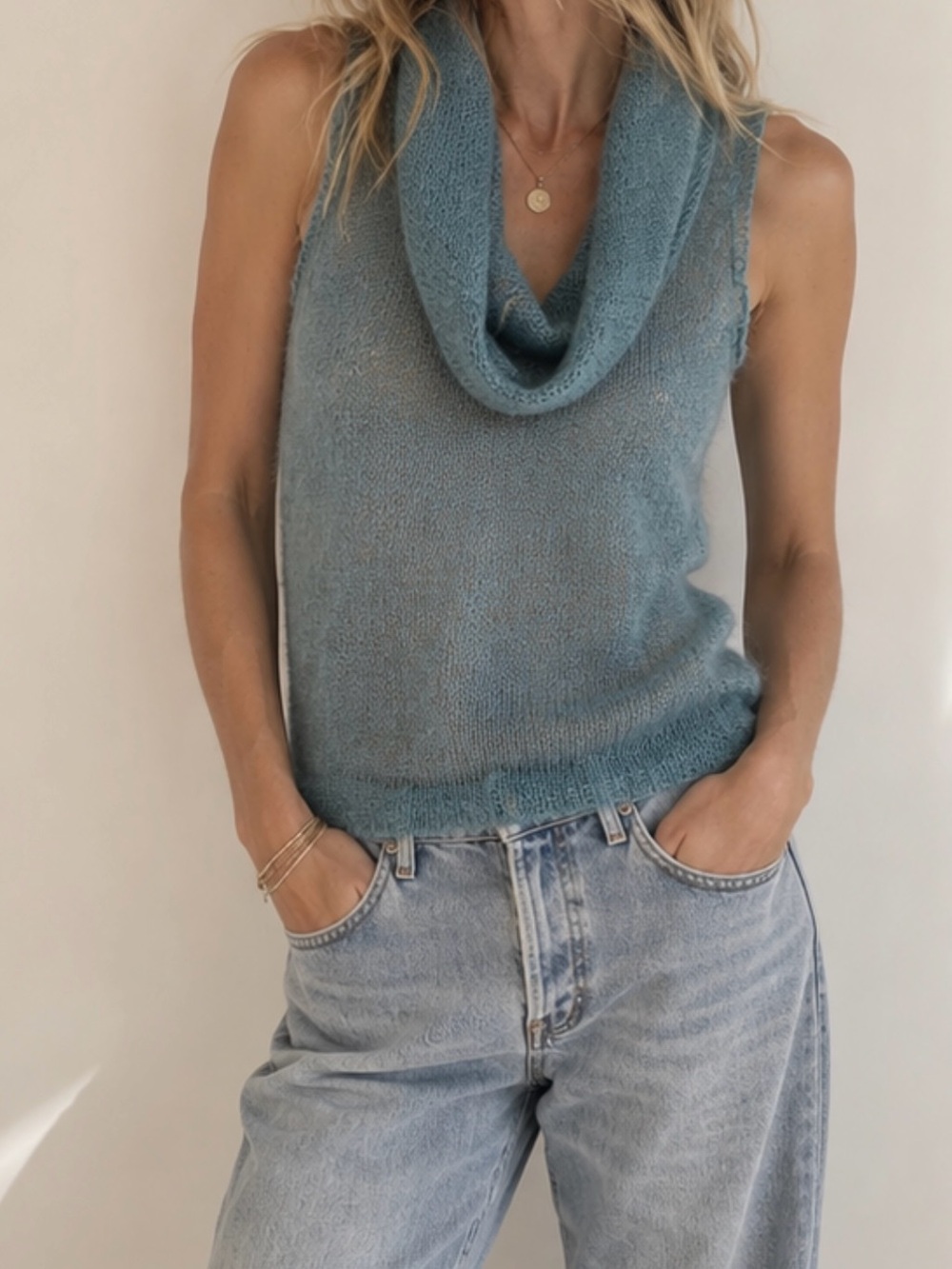 Moth Anthropologie Blue Sheer Open Knit Cowl Neck Sleeveless Sweater Lined S